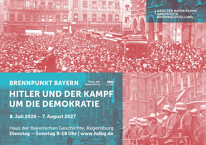 Exhibition motif for the 2026 Bavaria Exhibition: a crowd on Munich’s Marienplatz during the Hitler Putsch (opens enlarged image)