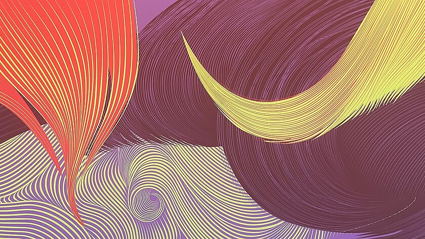 Grafik in der Ausstellung, die bunte Haarlocken nachempfindet