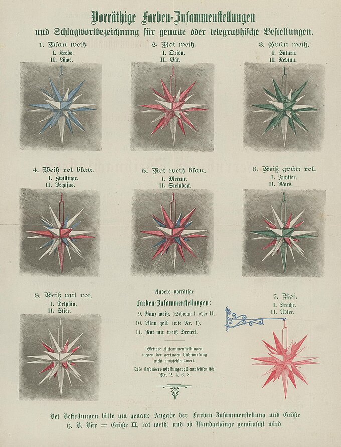 Werbeprospekt zum Verkauf von Herrnhuter Sternen, der verschiedene Farbvarianten des Sterns zeigt, mit weiß, blau, rot und grün. (öffnet Vergrößerung des Bildes)