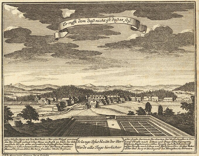 Stadtansicht vom Ort Herrnhut in der Oberlausitz aus dem Jahr 1732. (öffnet Vergrößerung des Bildes)